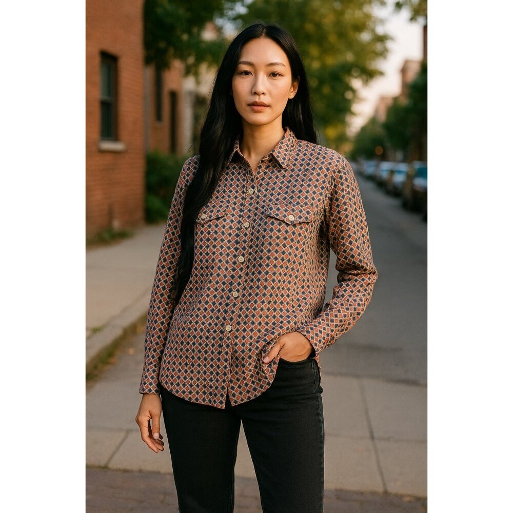 Lauren Ralph Lauren Womens Button Shirt Medium Cotton Red & Blue Geometric Print